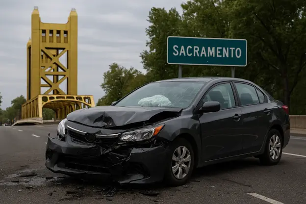 Yellow bridge road with a black uninsured car Cashforcars.com