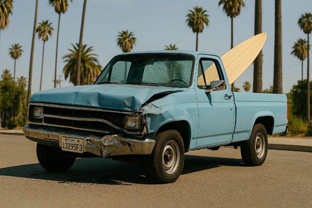 A blue totaled car in California