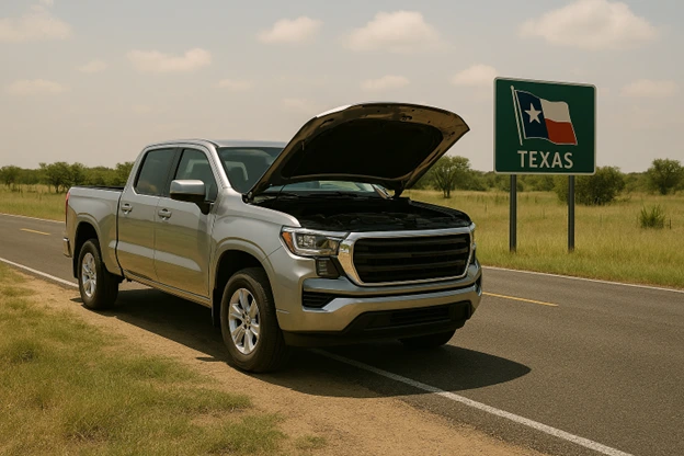 Totaled car stuck in the green fields of Texas